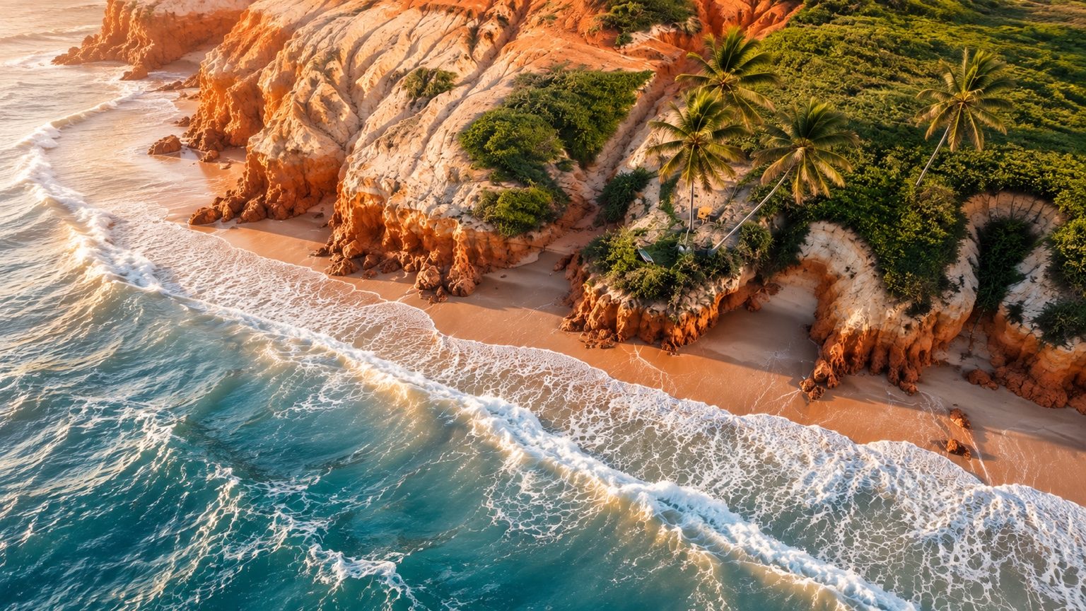Vista aérea do litoral leste do Ceará: falésias, praia e vegetação