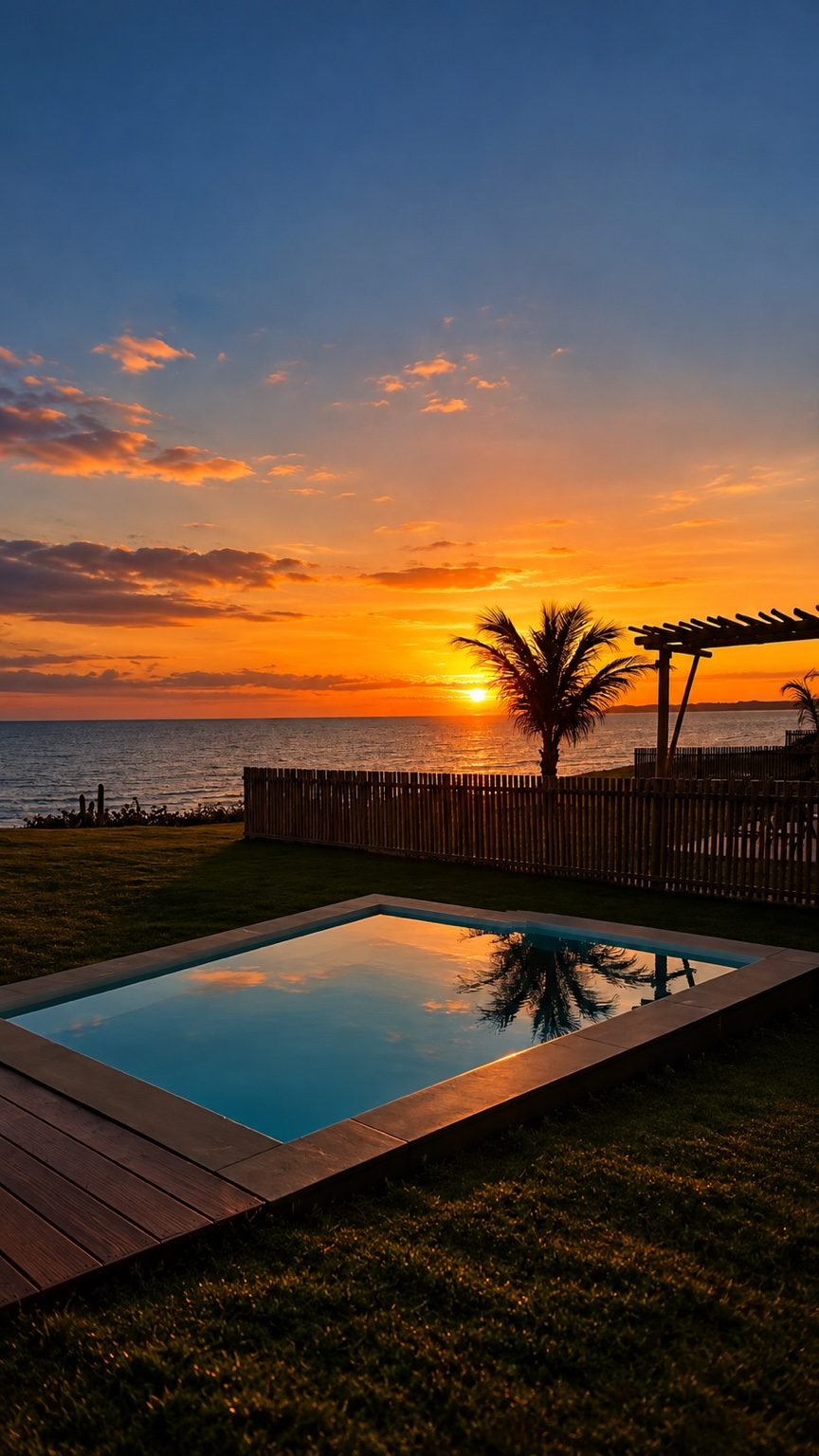 Piscina e pergolado de uma casa no litoral do Ceará ao pôr do sol